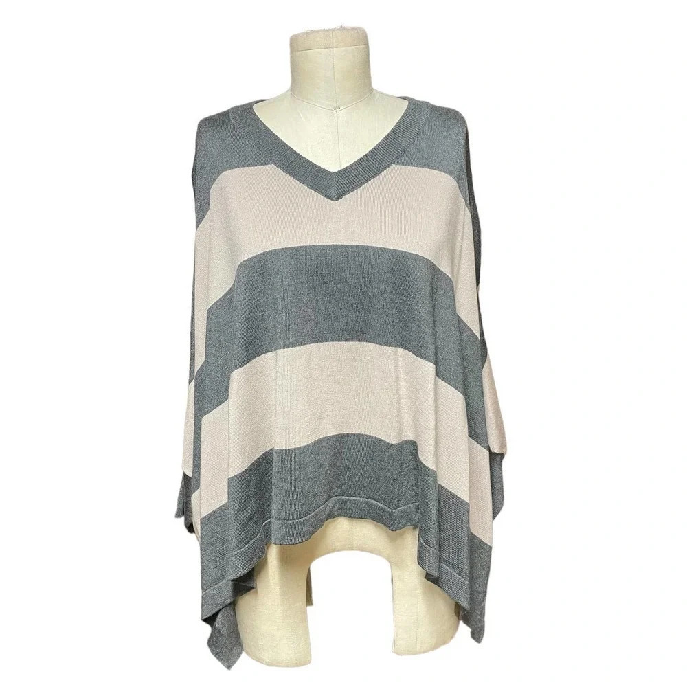 PLANET by Lauren‎ G Gray Striped Boxy Sweater Poncho One Size